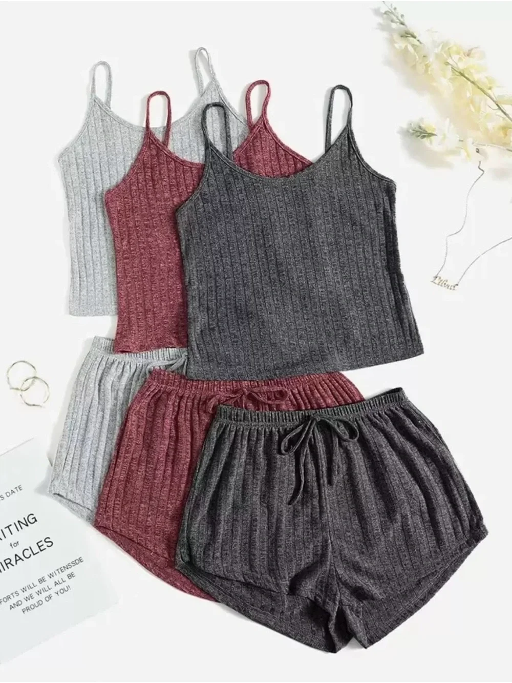 Ribbed Cami & Shorts Sleep Set - Charcoal, Berry, Heather Gray